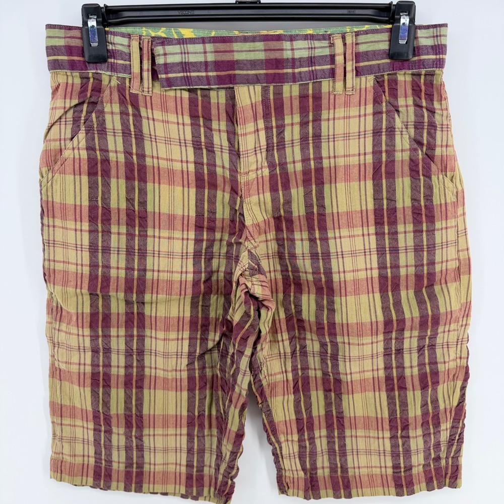Gramicci Women's 8 Plaid Seersucker Bermuda Shorts Burgundy Tan Cotton